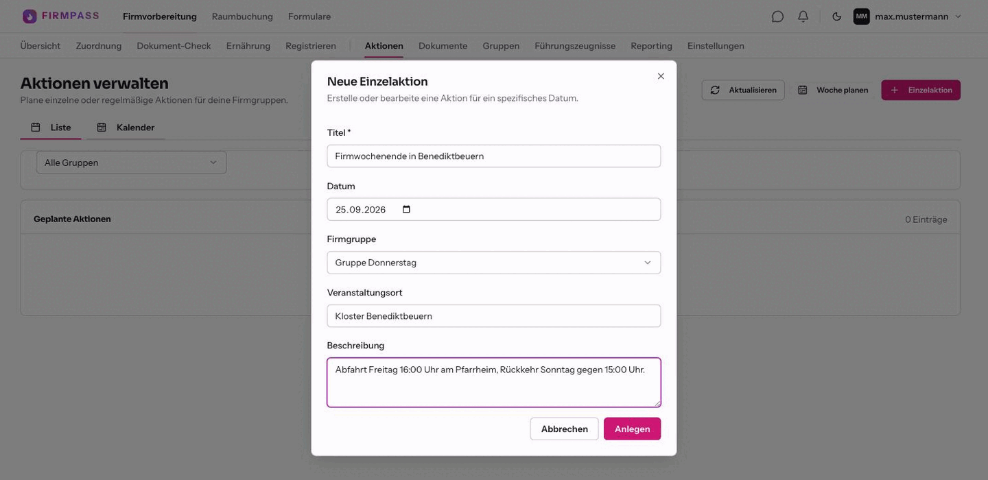 Der Dialog Neue Einzelaktion mit ausgefülltem Titel, Datum, Firmgruppe, Veranstaltungsort und Beschreibung.