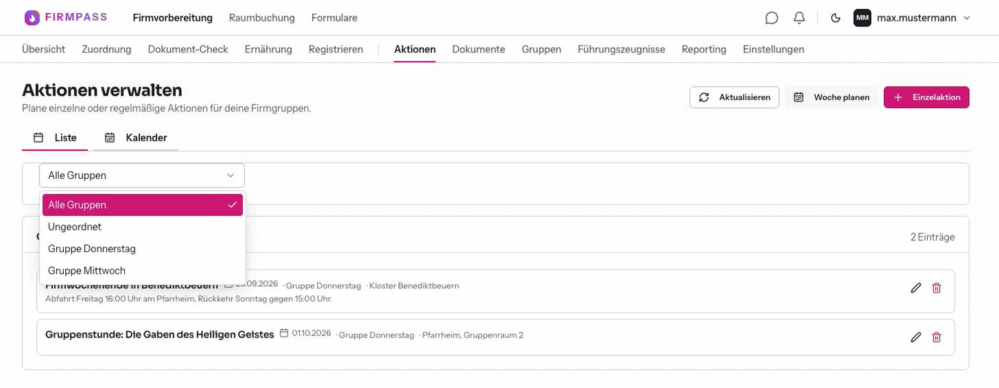 Die geöffnete Auswahlliste über der Liste mit den Einträgen Alle Gruppen, Ungeordnet, Gruppe Donnerstag und Gruppe Mittwoch.