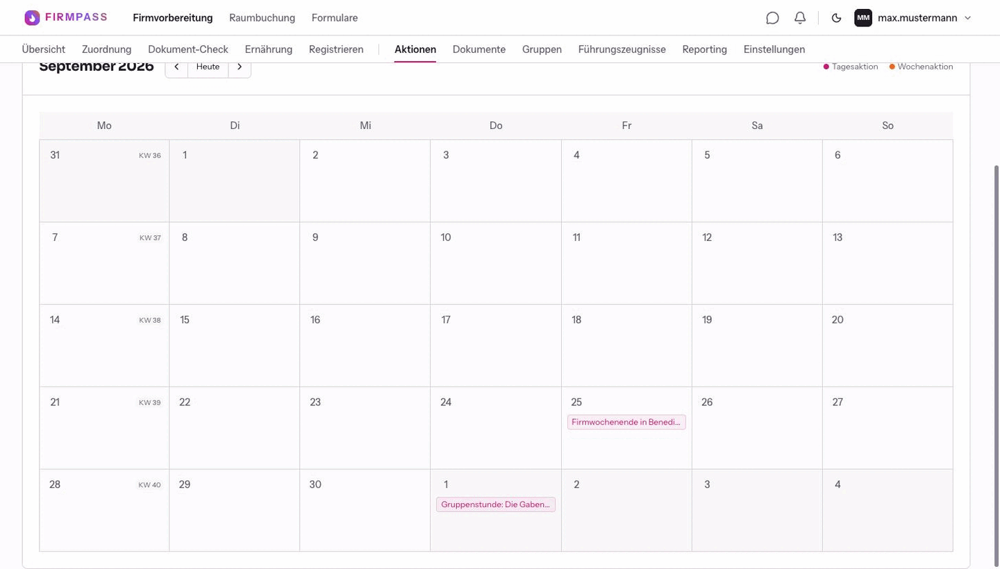 Die Kalenderansicht für September 2026 mit zwei Aktionen am 25. September und am 1. Oktober.
