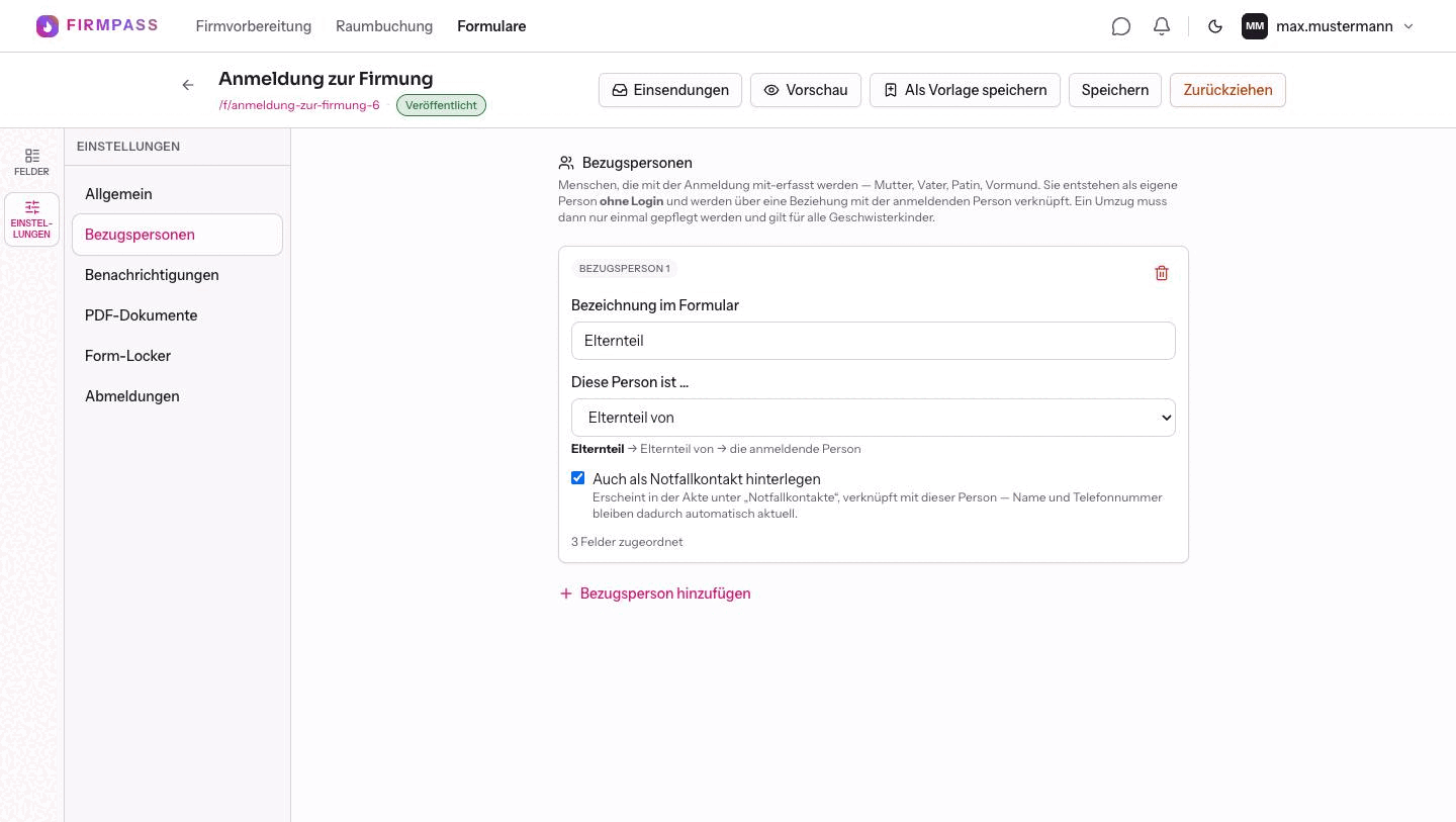 Die Einstellung Bezugspersonen mit der Bezeichnung Elternteil, der Beziehung und dem Häkchen Auch als Notfallkontakt hinterlegen.