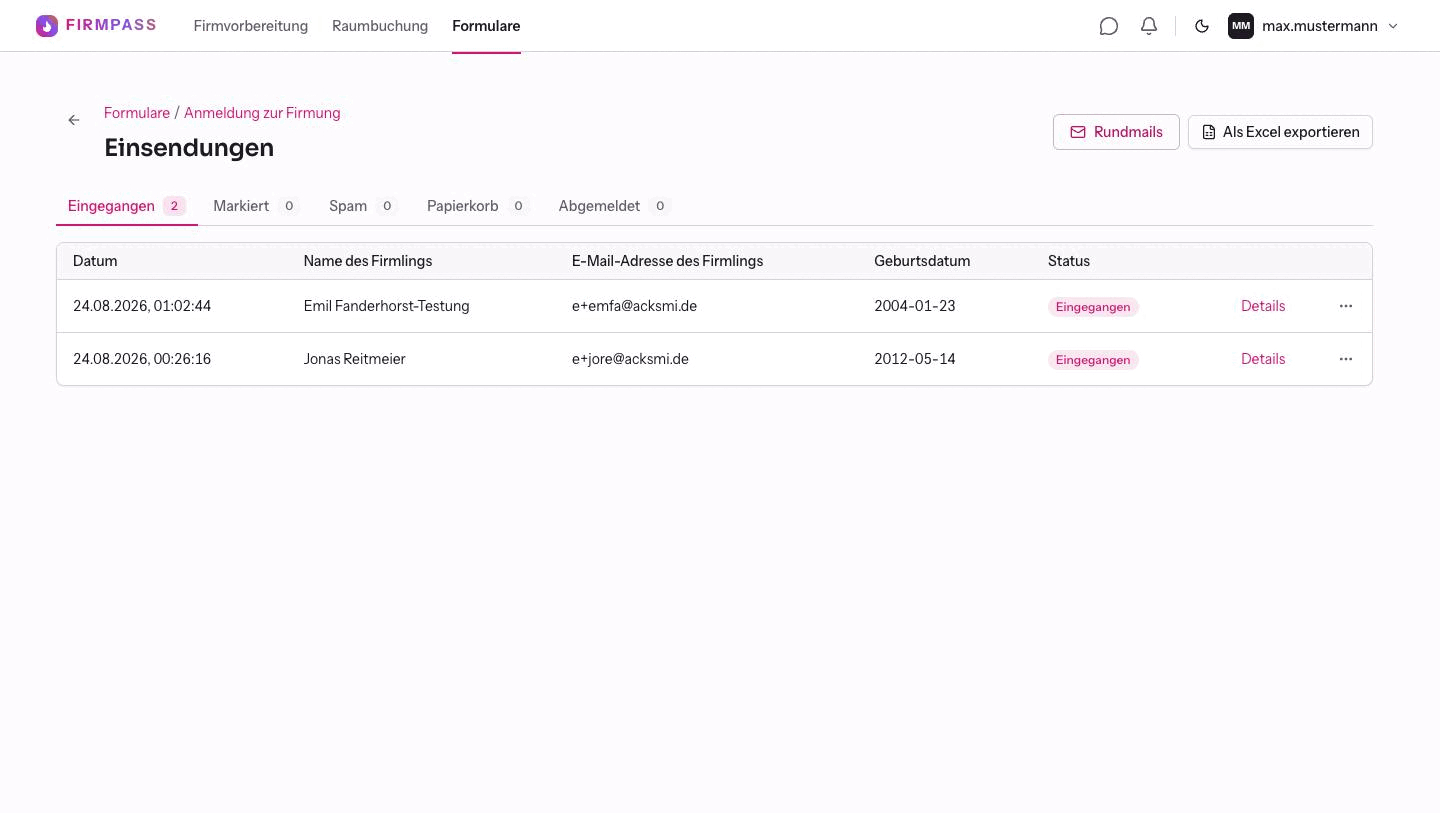 Die Liste der Einsendungen mit Datum, Name, E-Mail-Adresse und Geburtsdatum sowie den Schaltflächen Rundmails und Als Excel exportieren.