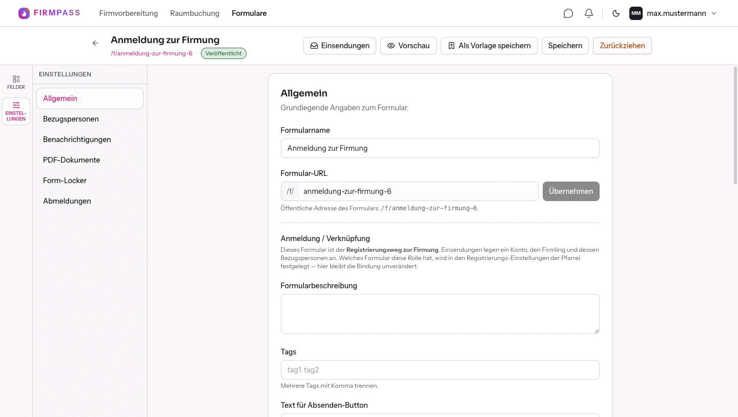 Die Formular-Einstellungen mit Formularname, Formular-URL und dem Hinweis Anmeldung und Verknüpfung.