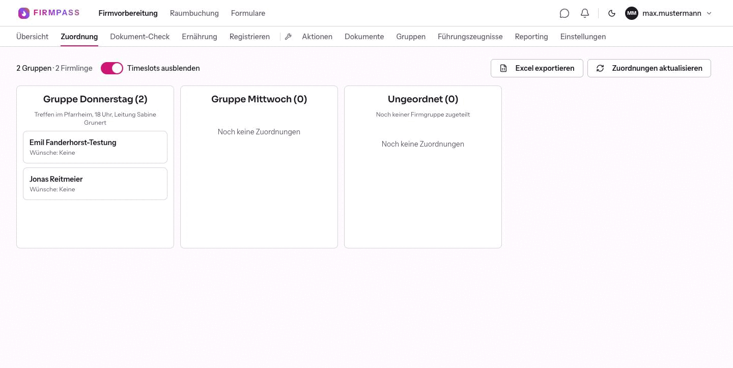 Die Seite Zuordnung mit drei Spalten: Gruppe Donnerstag mit zwei Karten, Gruppe Mittwoch ohne Einträge und die Spalte Ungeordnet.