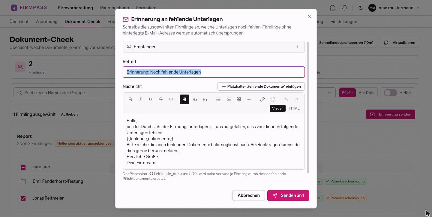 Der Dialog Erinnerung an fehlende Unterlagen mit Empfängerzahl, Betreff, vorbereitetem Text und dem Platzhalter für die fehlenden Dokumente.