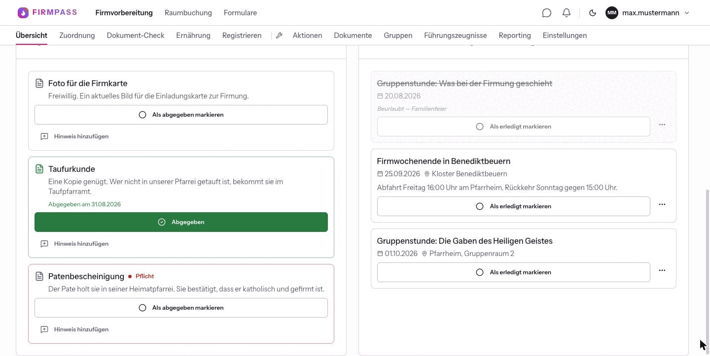 Die Karte Dokumente auf der Detailseite eines Firmlings mit drei Dokumenttypen, davon einer als abgegeben markiert mit Datum.