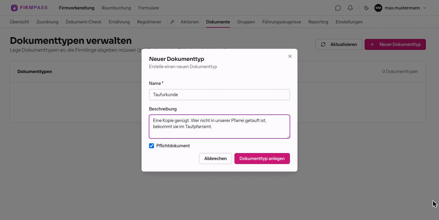 Der Dialog Neuer Dokumenttyp mit ausgefülltem Namen Taufurkunde, einer Beschreibung und gesetztem Häkchen bei Pflichtdokument.