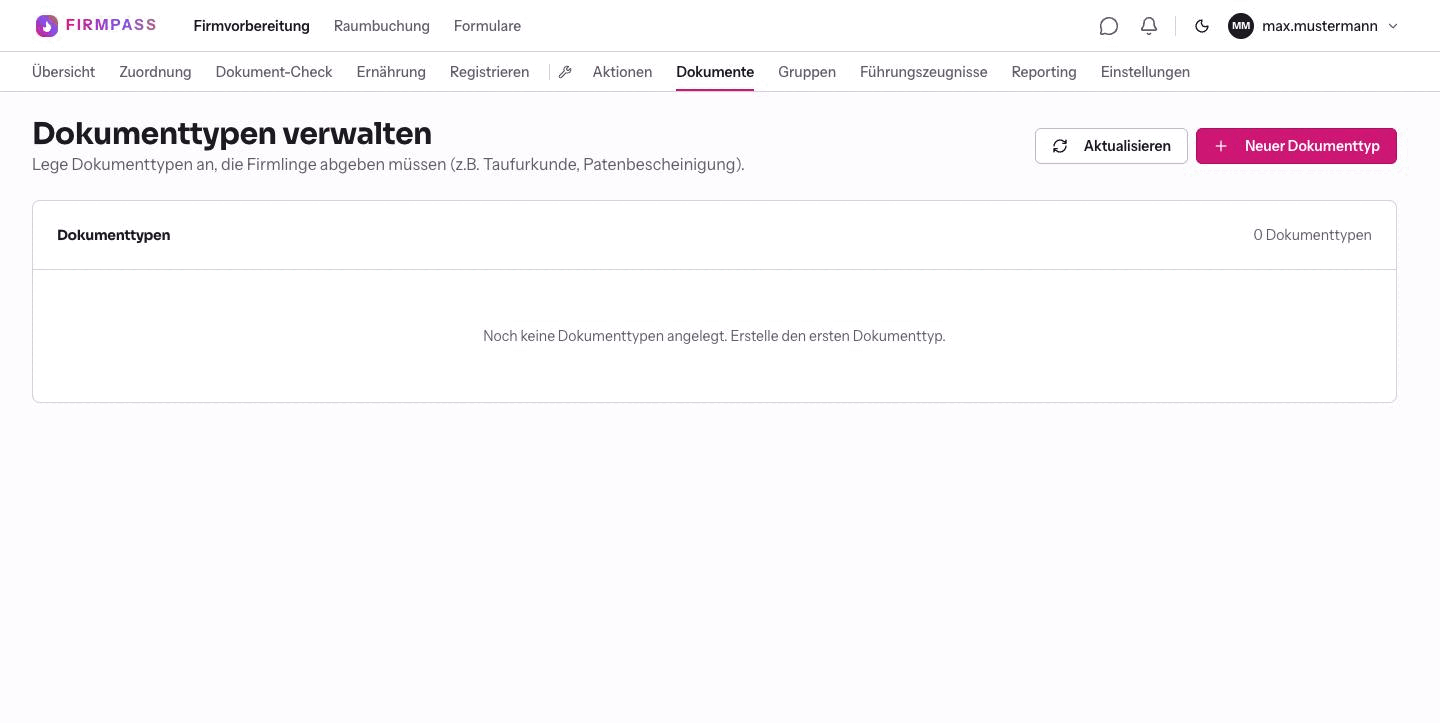 Die leere Seite Dokumenttypen verwalten mit dem Hinweis, dass noch keine Dokumenttypen angelegt sind.