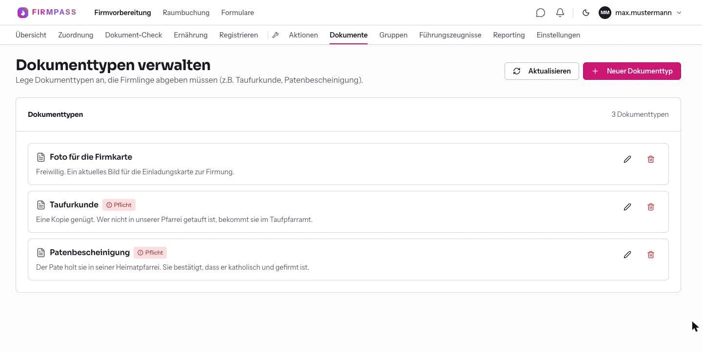 Die Liste mit drei Dokumenttypen: Foto für die Firmkarte ohne Markierung, Taufurkunde und Patenbescheinigung jeweils mit rotem Pflicht-Zeichen.