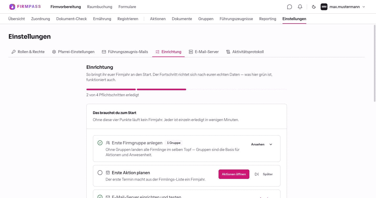 Die Seite „Einrichtung“ mit dem Fortschritt „2 von 4 Pflichtschritten erledigt“ und den Pflichtschritten.