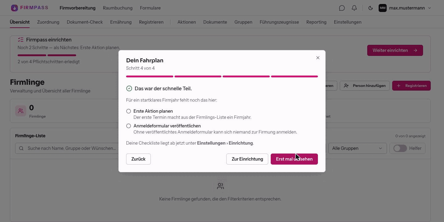 Schritt 4 des Assistenten, „Dein Fahrplan“, mit den beiden noch offenen Punkten.