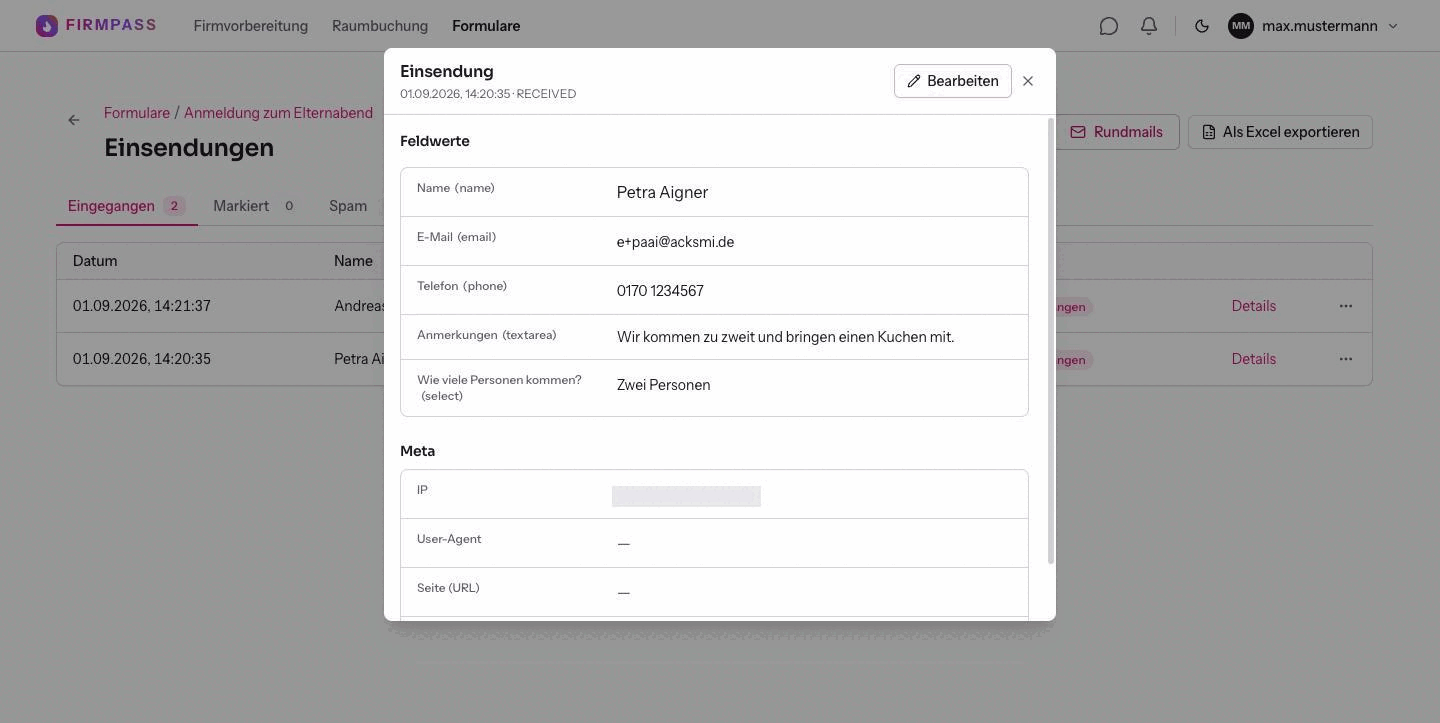 Das Fenster Einsendung mit dem Block Feldwerte, in dem alle fünf Antworten stehen, und darunter dem Block Meta.