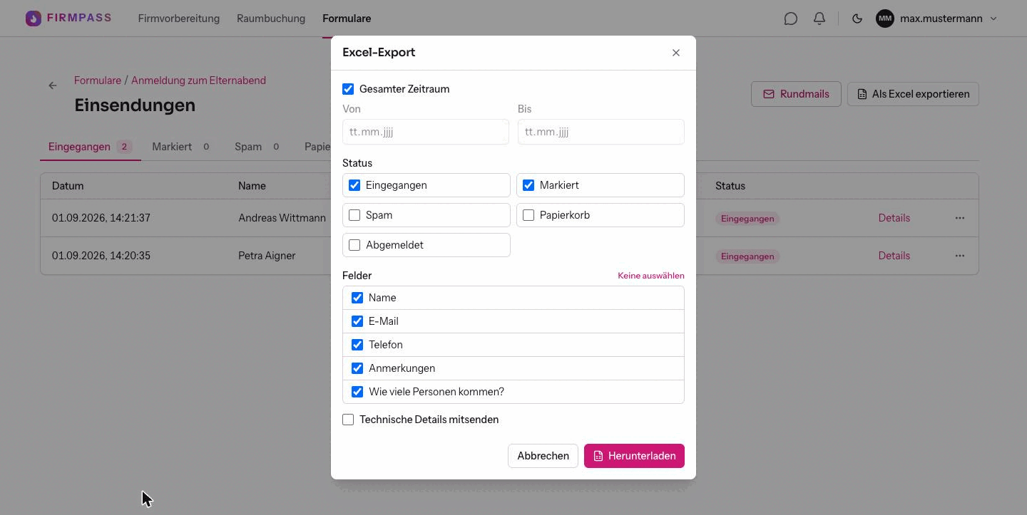 Der Dialog Excel-Export mit dem Häkchen Gesamter Zeitraum, den fünf Status-Häkchen, der Feldauswahl und den Schaltflächen Abbrechen und Herunterladen.