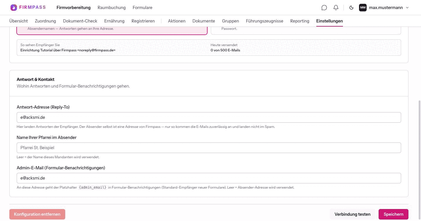 Der Kasten Antwort und Kontakt mit den Feldern Antwort-Adresse, Name Ihrer Pfarrei im Absender und Admin-E-Mail.
