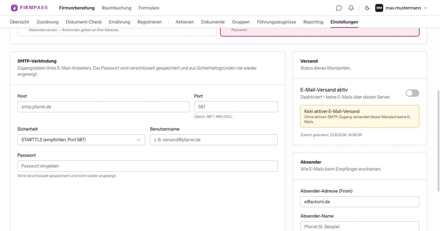 Der Kasten SMTP-Verbindung mit Host, Port, Sicherheit, Benutzername und Passwort, rechts daneben der Schalter E-Mail-Versand aktiv und die Absender-Felder.