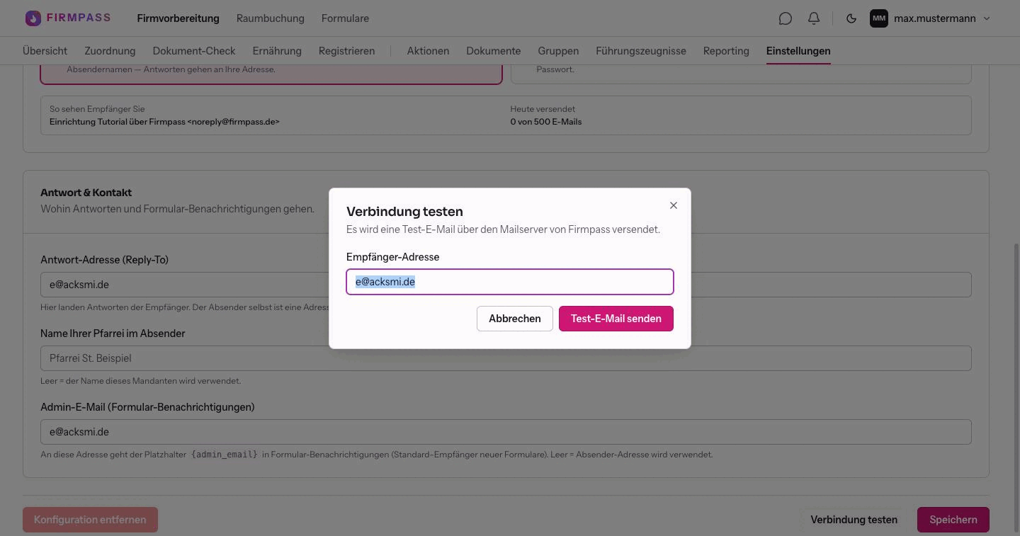 Der Dialog Verbindung testen mit dem Feld Empfänger-Adresse und den Schaltflächen Abbrechen und Test-E-Mail senden.