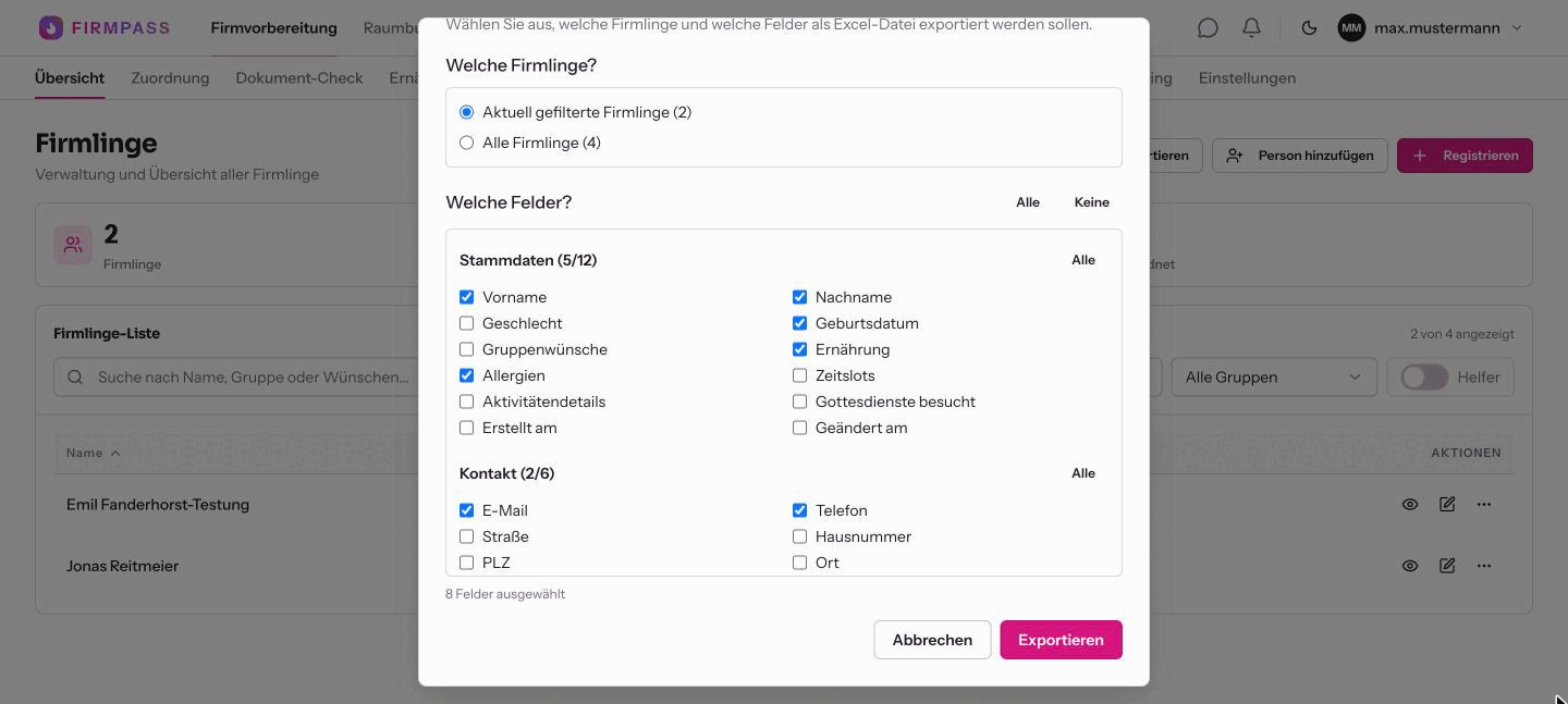 Der Dialog Firmlinge exportieren mit der Auswahl Alle Firmlinge und den angekreuzten Feldern Ernährung und Allergien unter Stammdaten.