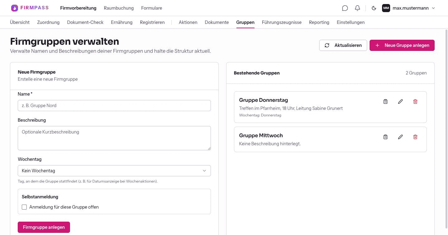 Die Liste Bestehende Gruppen mit zwei Firmgruppen und je drei Symbolen für Anmeldungen, Bearbeiten und Löschen.