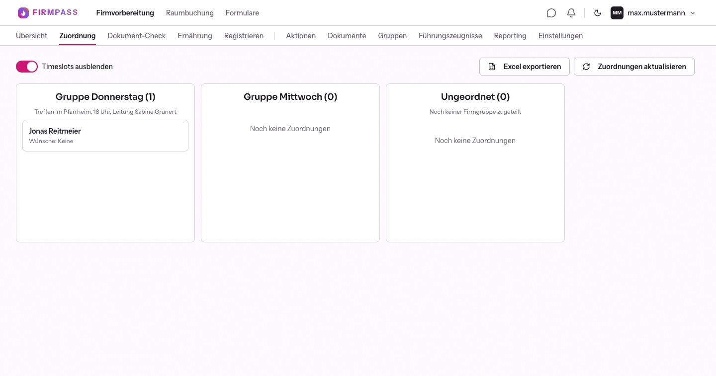 Der Reiter Zuordnung mit den Spalten Gruppe Donnerstag, Gruppe Mittwoch und Ungeordnet sowie einer Firmlingskarte in der ersten Spalte.