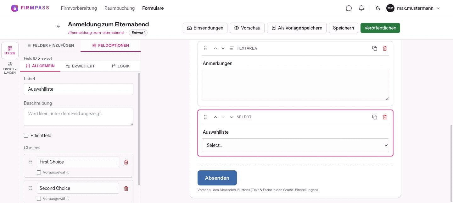 Die Feldoptionen einer Auswahlliste mit Label, Beschreibung, dem Häkchen Pflichtfeld und den beiden Optionen First Choice und Second Choice.