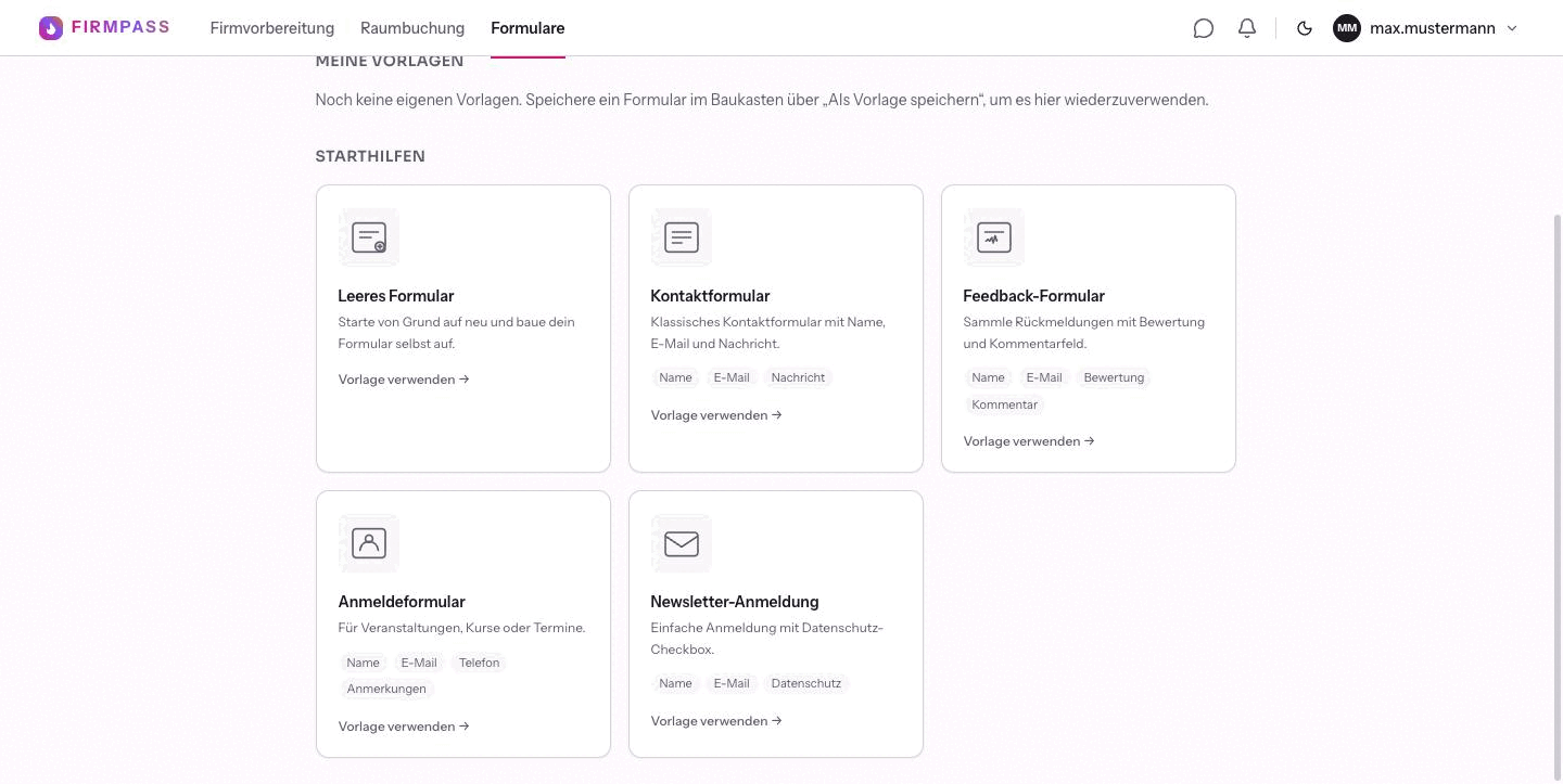 Die Seite Neues Formular erstellen mit dem leeren Bereich Meine Vorlagen und den fünf Karten der Starthilfen.
