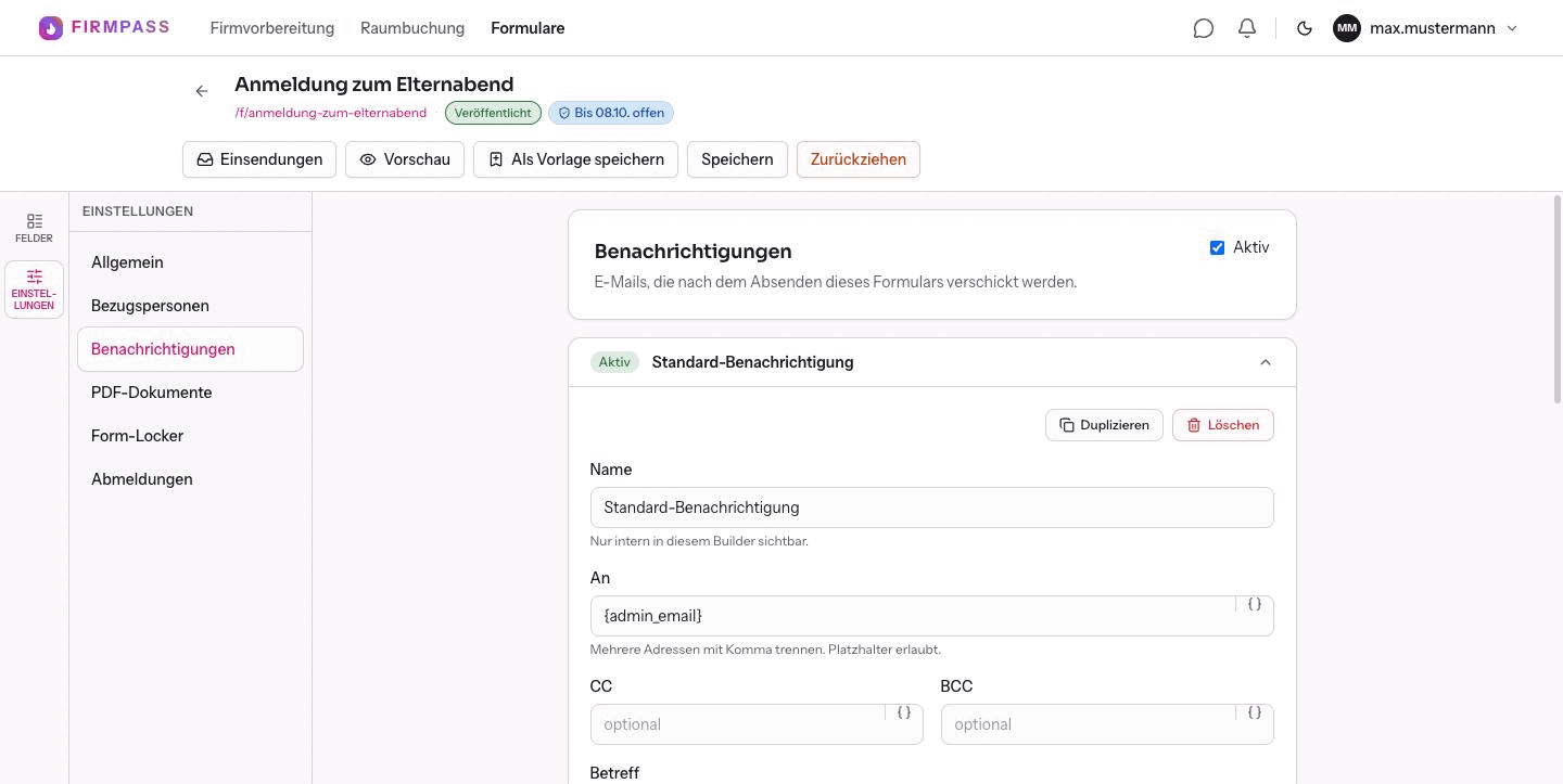 Der Abschnitt Benachrichtigungen mit dem Schalter Aktiv und der aufgeklappten Standard-Benachrichtigung samt Empfängerfeld.