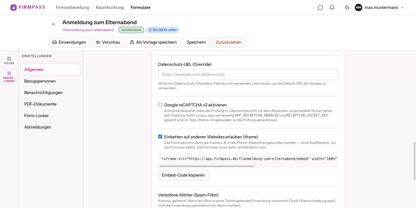 Das gesetzte Häkchen Einbetten auf anderen Websites erlauben mit dem darunter erschienenen iframe-Code und der Schaltfläche Embed-Code kopieren.