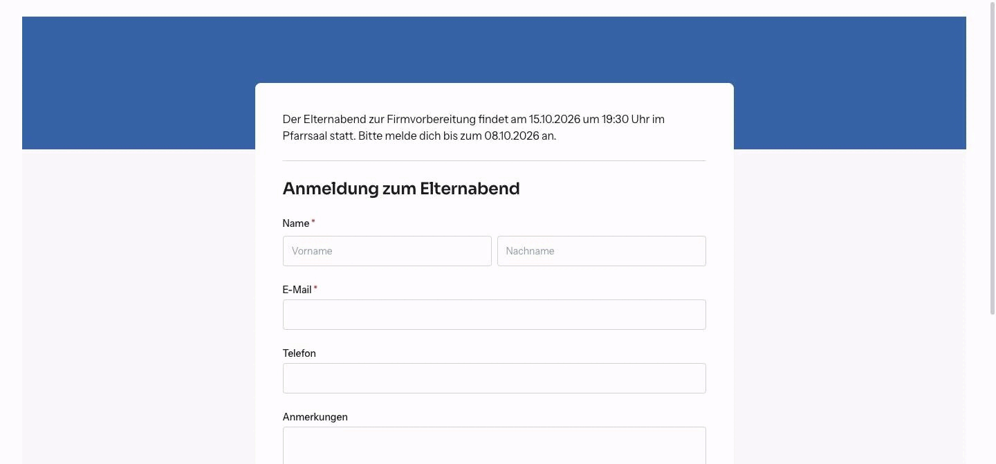 Die öffentliche Formularseite mit farbigem Kopfbalken, der Beschreibung des Elternabends und den Feldern Name, E-Mail, Telefon und Anmerkungen.
