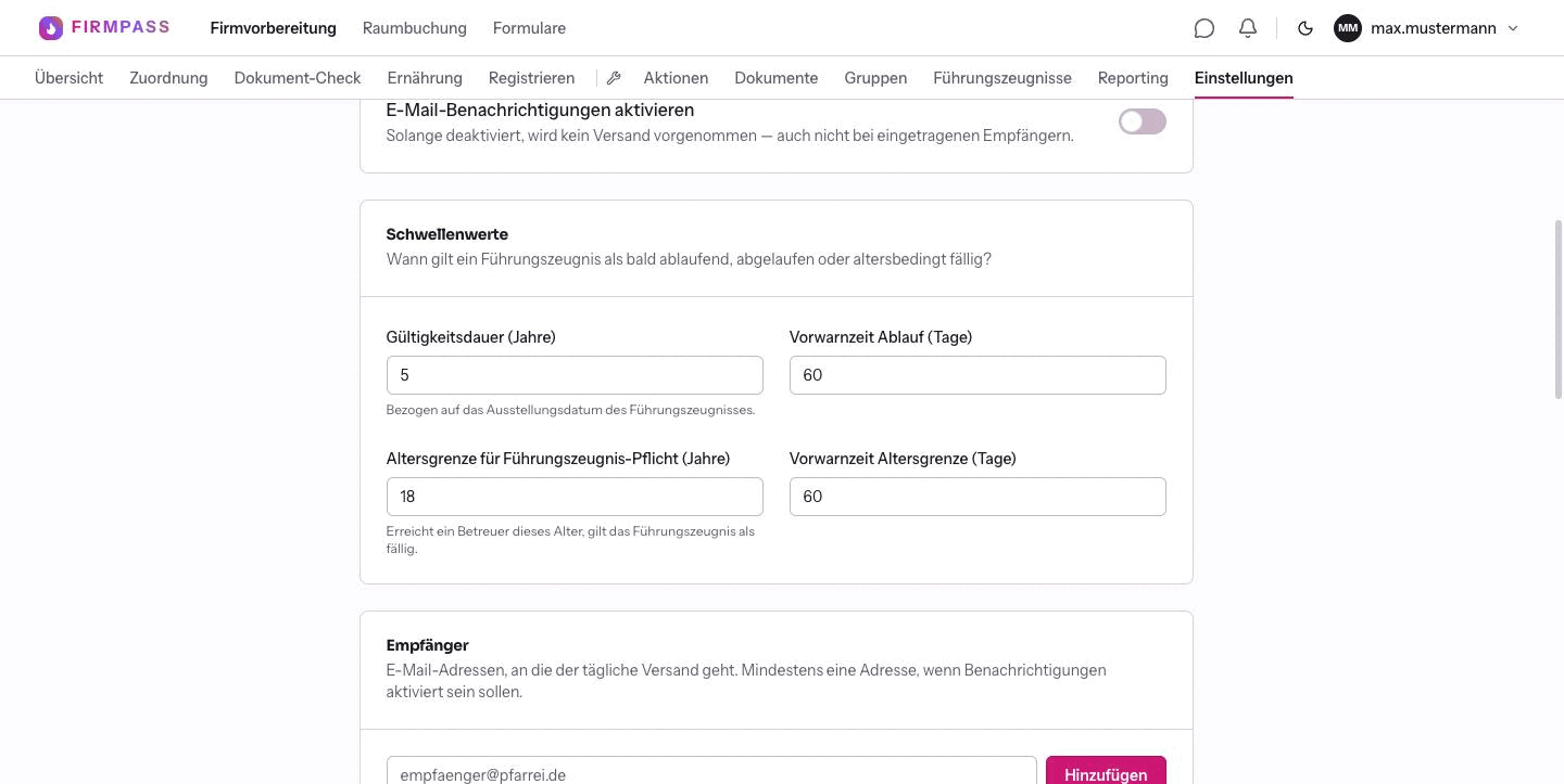 Der Kasten Schwellenwerte mit Gültigkeitsdauer 5 Jahre, Vorwarnzeit Ablauf 60 Tage, Altersgrenze 18 Jahre und Vorwarnzeit Altersgrenze 60 Tage.