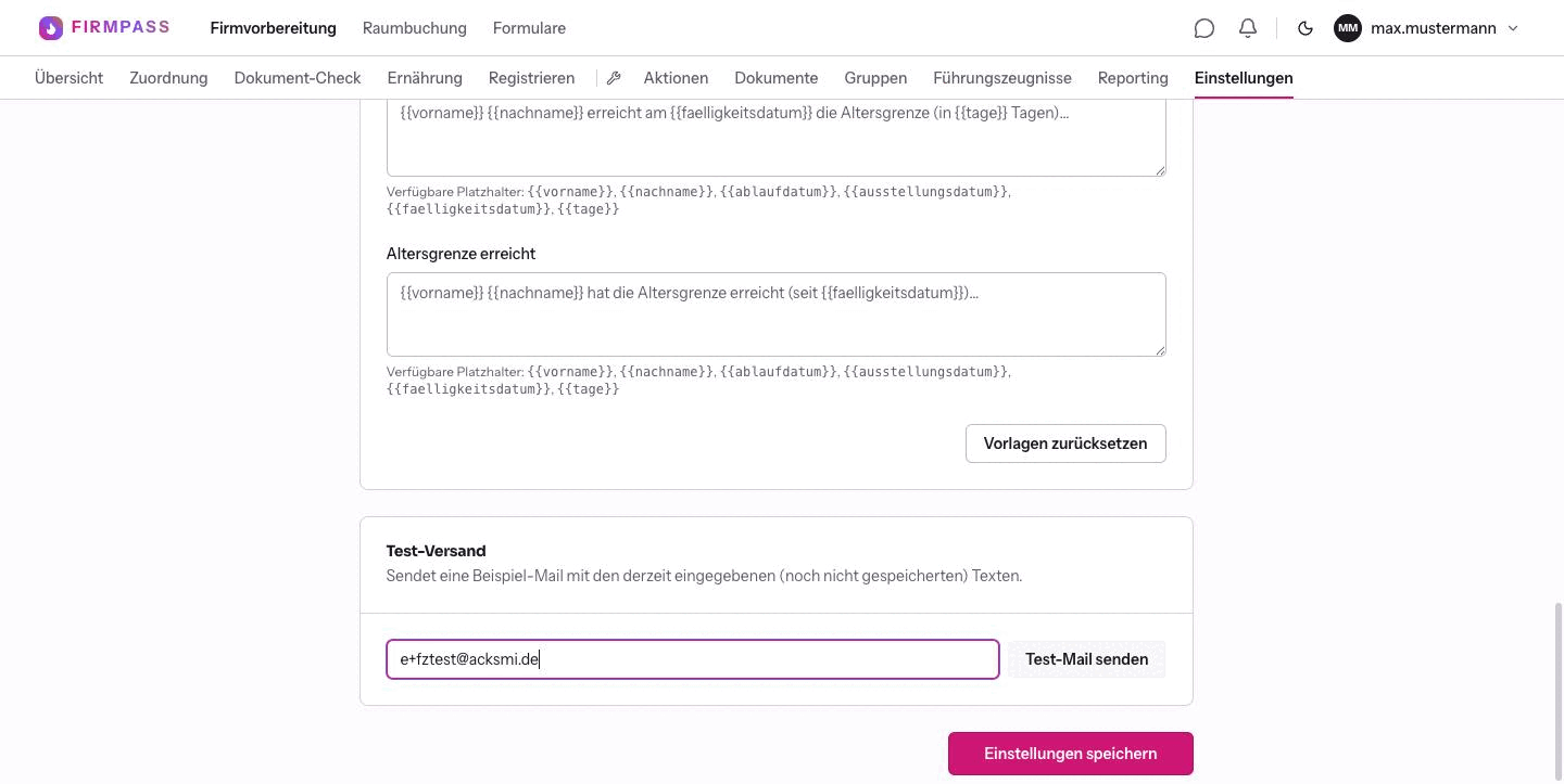 Der Kasten Test-Versand mit eingetragener Empfängeradresse und der Schaltfläche Test-Mail senden.