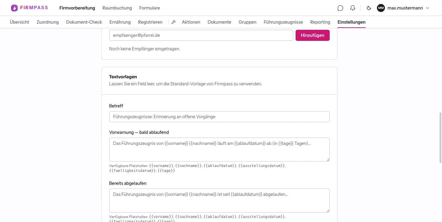 Der Kasten Textvorlagen mit Betreff und den Bausteinen samt Liste der verfügbaren Platzhalter.
