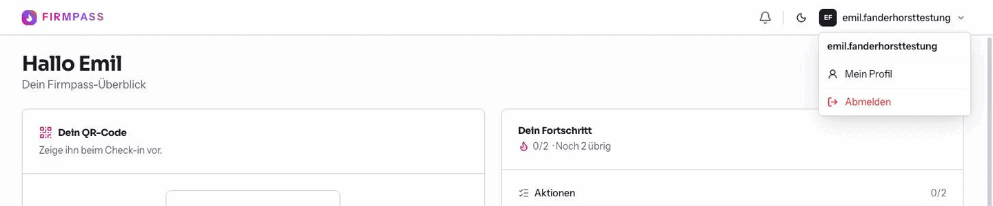 Die Kopfzeile aus Sicht eines Firmlings mit geöffnetem Profilmenü, darin Mein Profil und Abmelden.