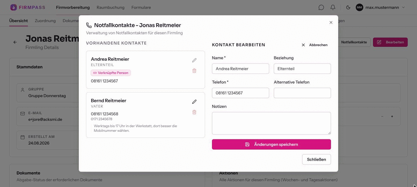Das Fenster Notfallkontakte im Zustand Kontakt bearbeiten: die Daten der verknüpften Person stehen im Formular, daneben die Schaltflächen Abbrechen und Änderungen speichern.