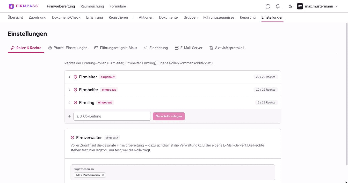 Die Seite Einstellungen mit den Reitern Rollen und Rechte, Pfarrei-Einstellungen, Führungszeugnis-Mails, Einrichtung, E-Mail-Server und Aktivitätsprotokoll.