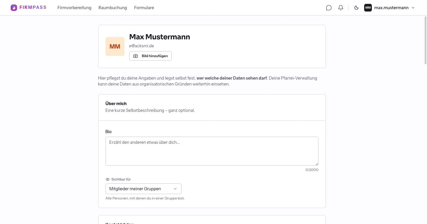 Die Seite Mein Profil mit Name, E-Mail-Adresse, der Schaltfläche Bild hinzufügen und dem Abschnitt Über mich mit dem Feld Bio.