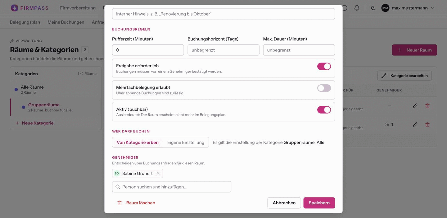 Der Abschnitt Genehmiger im geöffneten Raum mit dem Eintrag Sabine Grunert und dem Suchfeld Person suchen und hinzufügen.