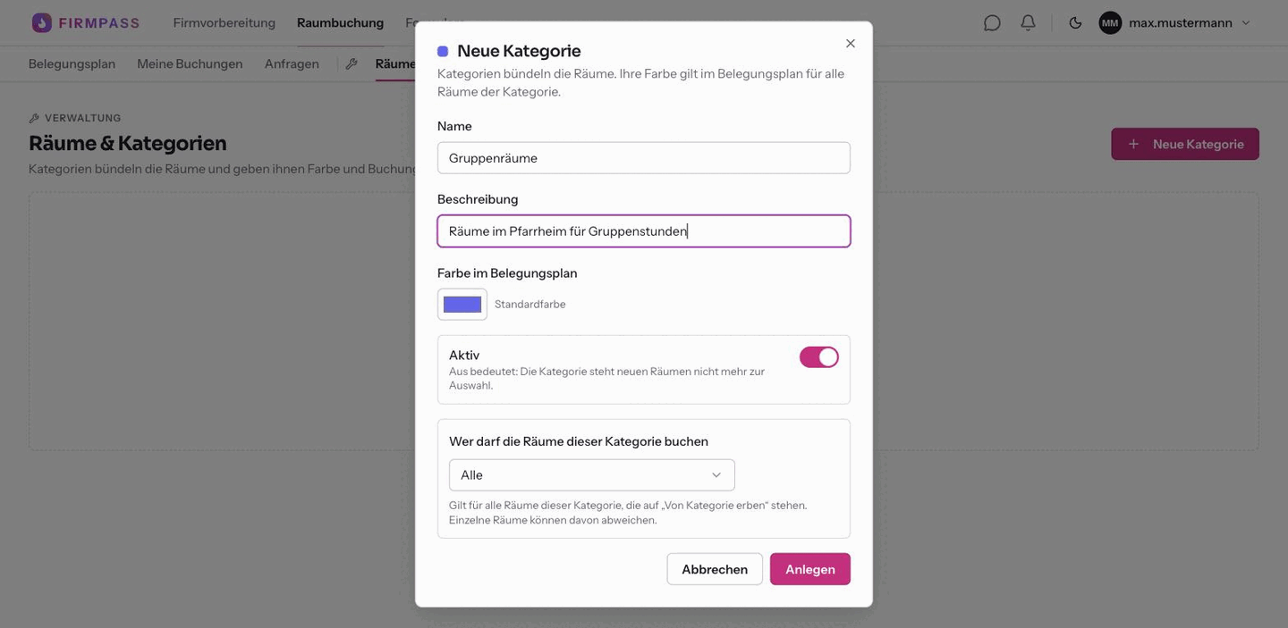 Der Dialog Neue Kategorie mit Name, Beschreibung, Farbe im Belegungsplan, dem Schalter Aktiv und der Auswahl Wer darf die Räume dieser Kategorie buchen.