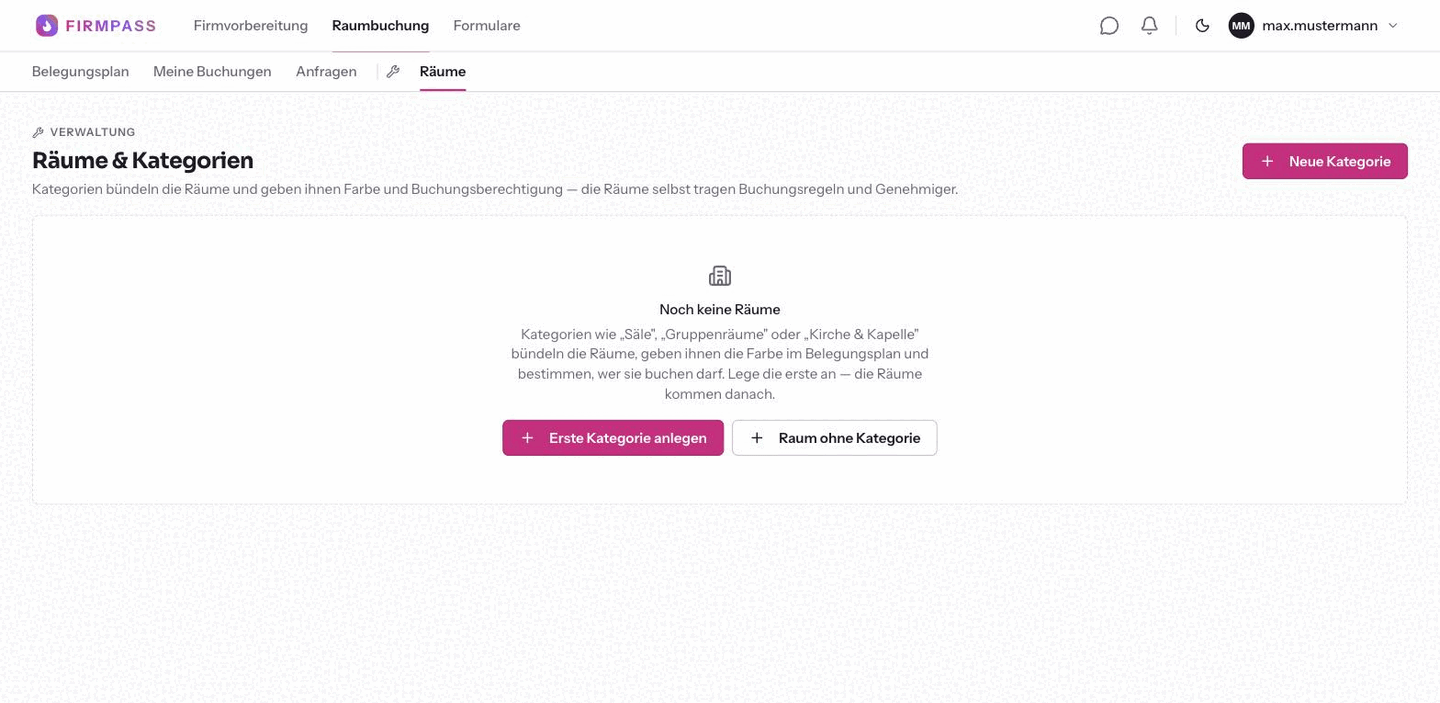 Die leere Seite Räume und Kategorien mit dem Hinweis Noch keine Räume und den Schaltflächen Erste Kategorie anlegen und Raum ohne Kategorie.