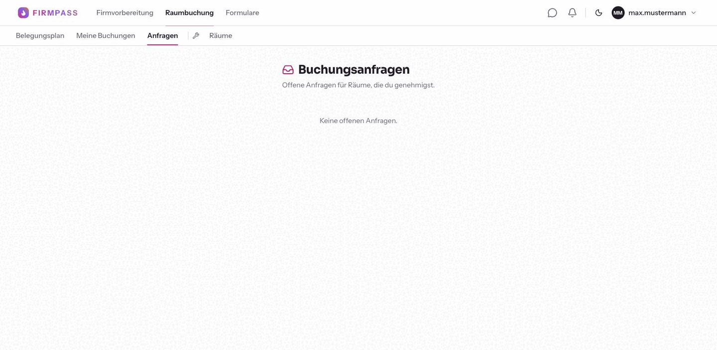 Die Seite Buchungsanfragen mit dem Untertitel Offene Anfragen für Räume, die du genehmigst, und dem Hinweis Keine offenen Anfragen.