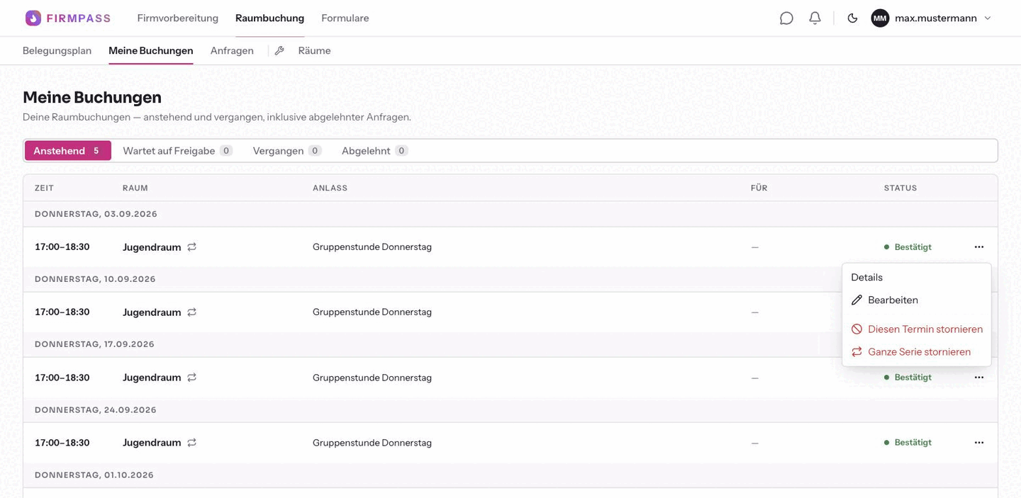 Das geöffnete Zeilenmenü mit den Einträgen Details, Bearbeiten, Diesen Termin stornieren und Ganze Serie stornieren.