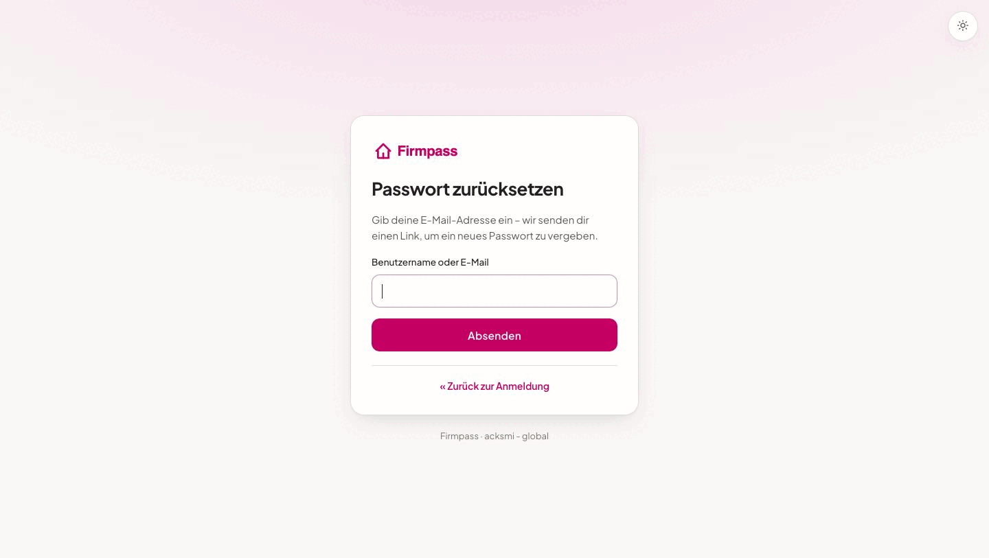Die Seite Passwort zurücksetzen mit einem Feld für Benutzername oder E-Mail und der Schaltfläche Absenden.