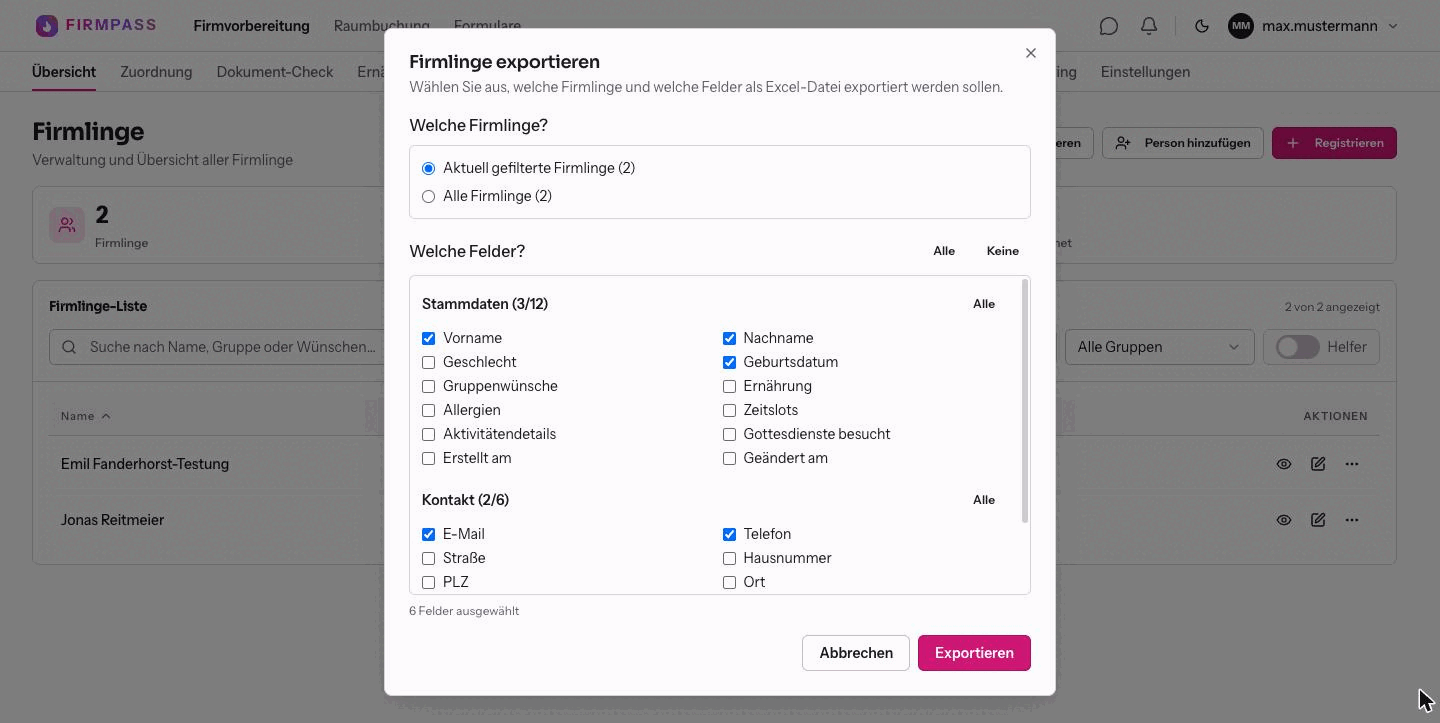 Der Dialog Firmlinge exportieren mit der Auswahl der Firmlinge und den Feldgruppen Stammdaten und Kontakt zum Ankreuzen.