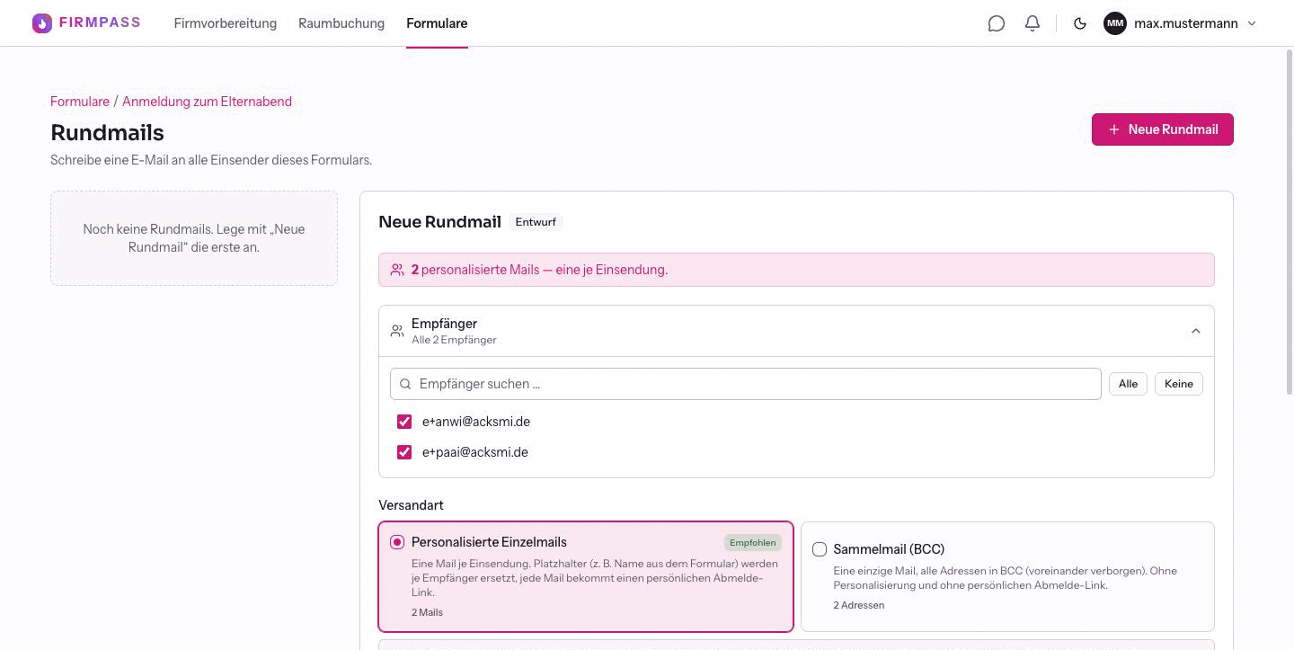 Die aufgeklappte Empfängerliste mit Suchfeld, den Schaltflächen Alle und Keine und zwei angehakten E-Mail-Adressen.