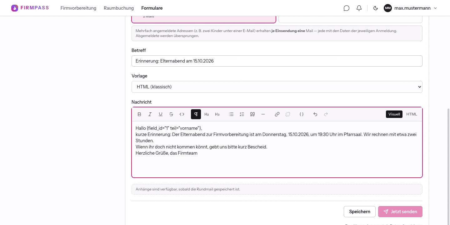 Der ausgefüllte Nachrichten-Editor mit der Anrede Hallo und einem eingefügten Platzhalter, gefolgt von drei Absätzen Text.