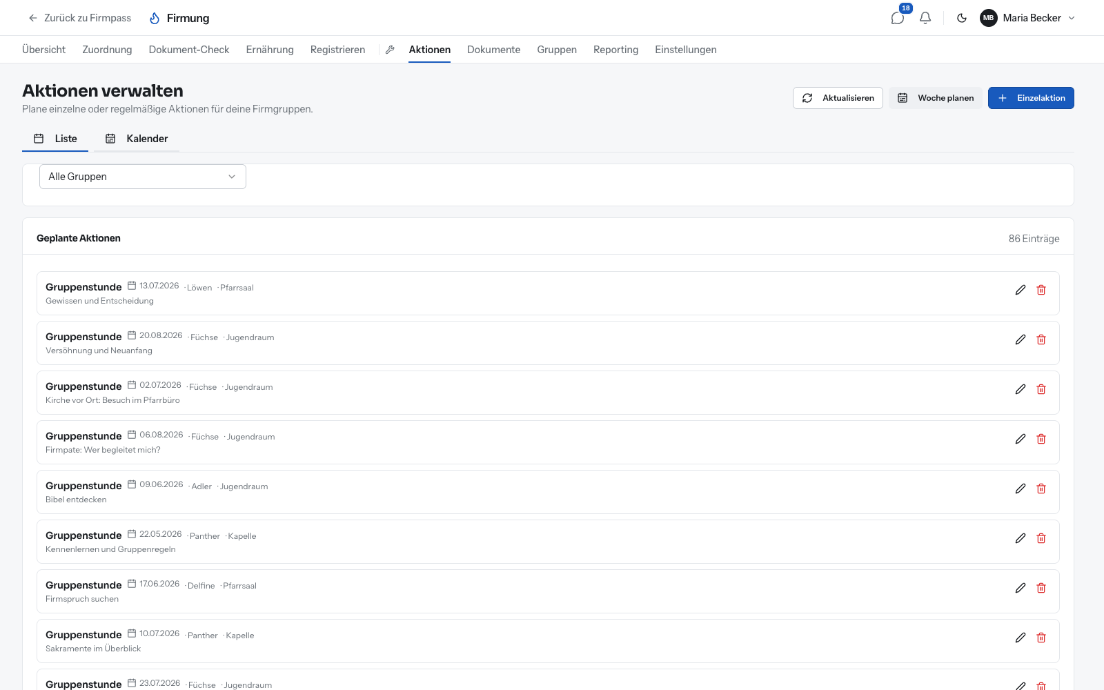 Screenshot: Aktionen verwalten in Firmpass mit Liste der Termine je Firmgruppe, Datum und Veranstaltungsort