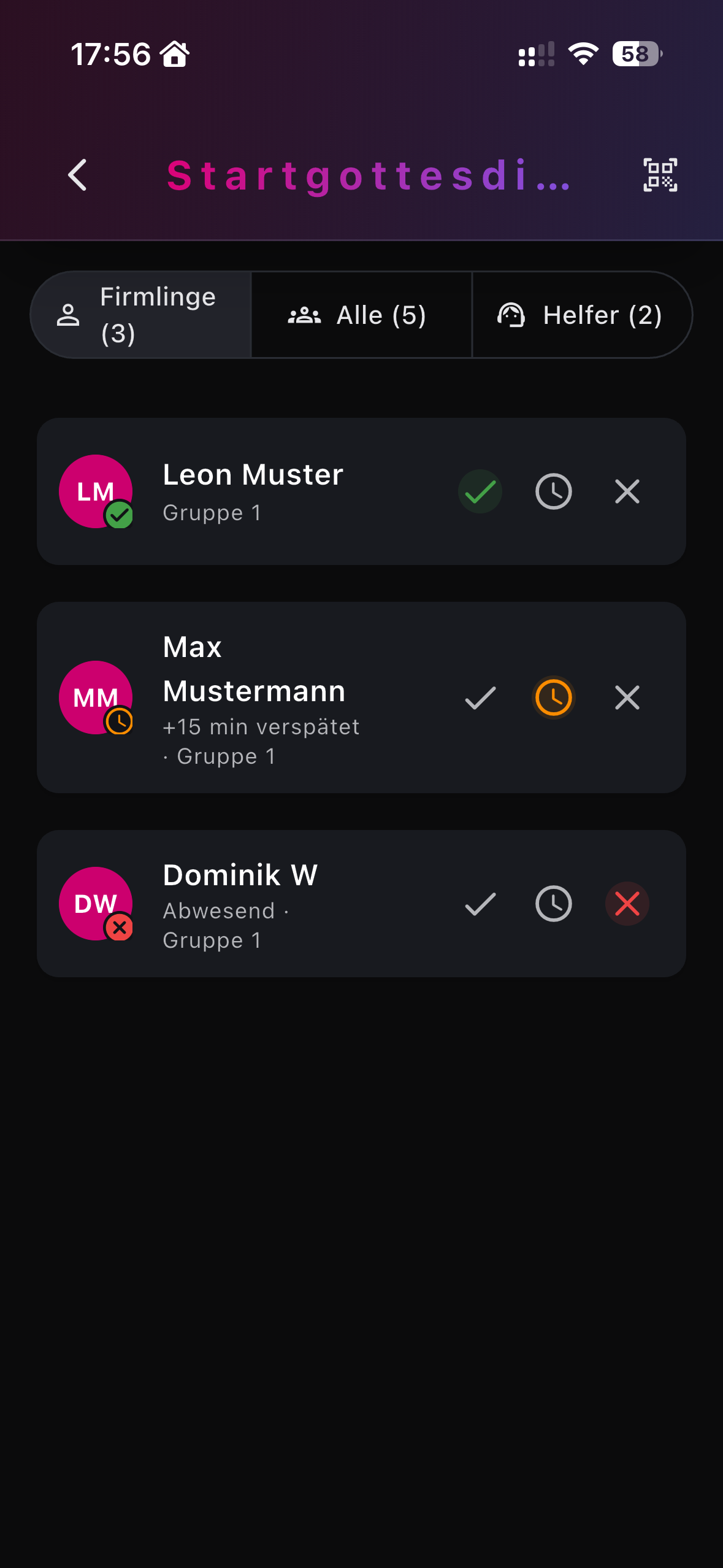 Screenshot der neuen Anwesenheits-Übersicht in der Firmpass-App: drei Firmlinge mit den Status anwesend, verspätet und abwesend.