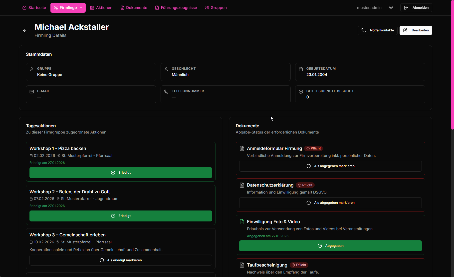Firmpass Firmling-Details – Stammdaten, Tagesaktionen, Dokumente