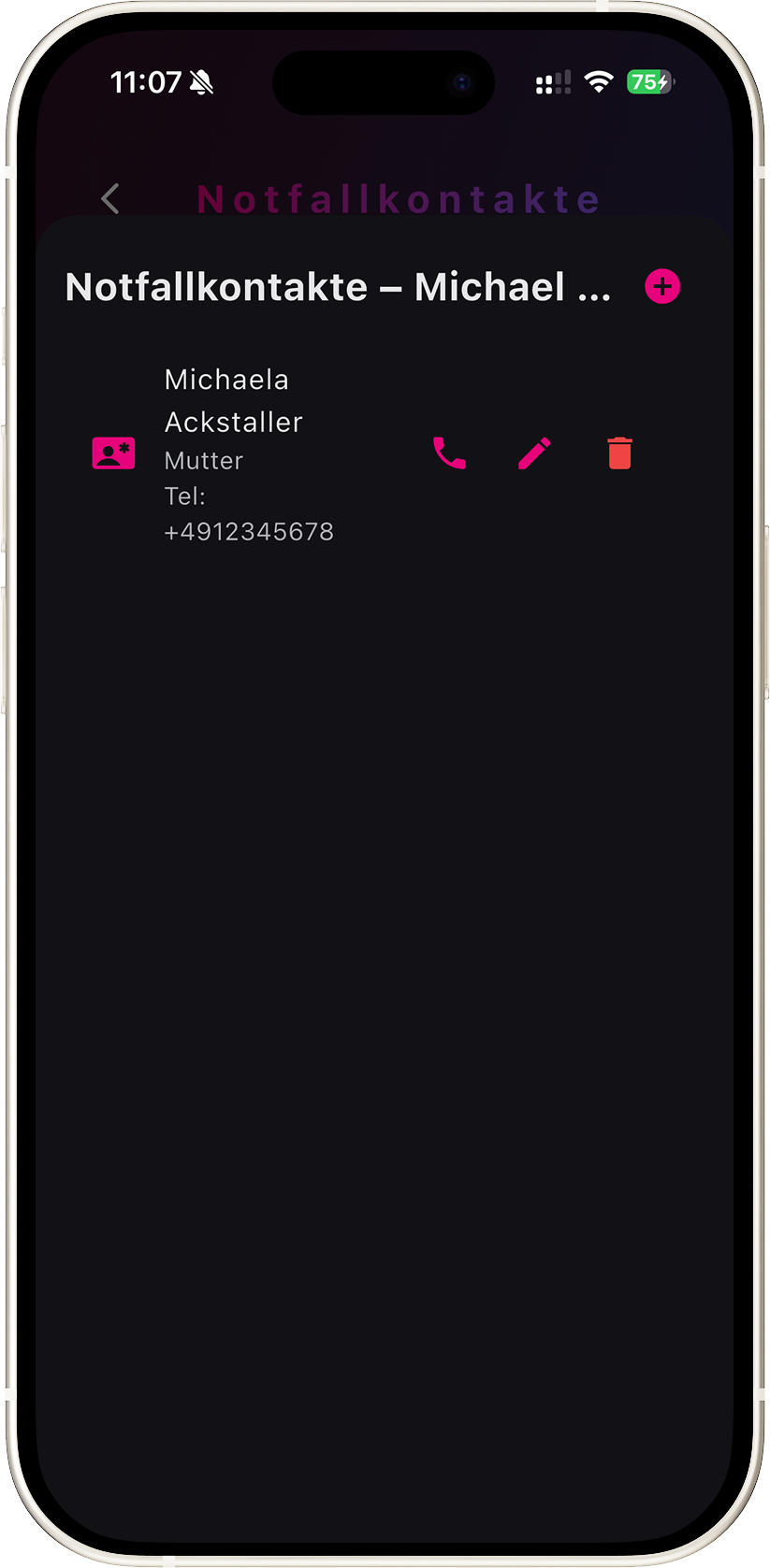 Screenshot: Notfallkontakte im Firmling-Profil