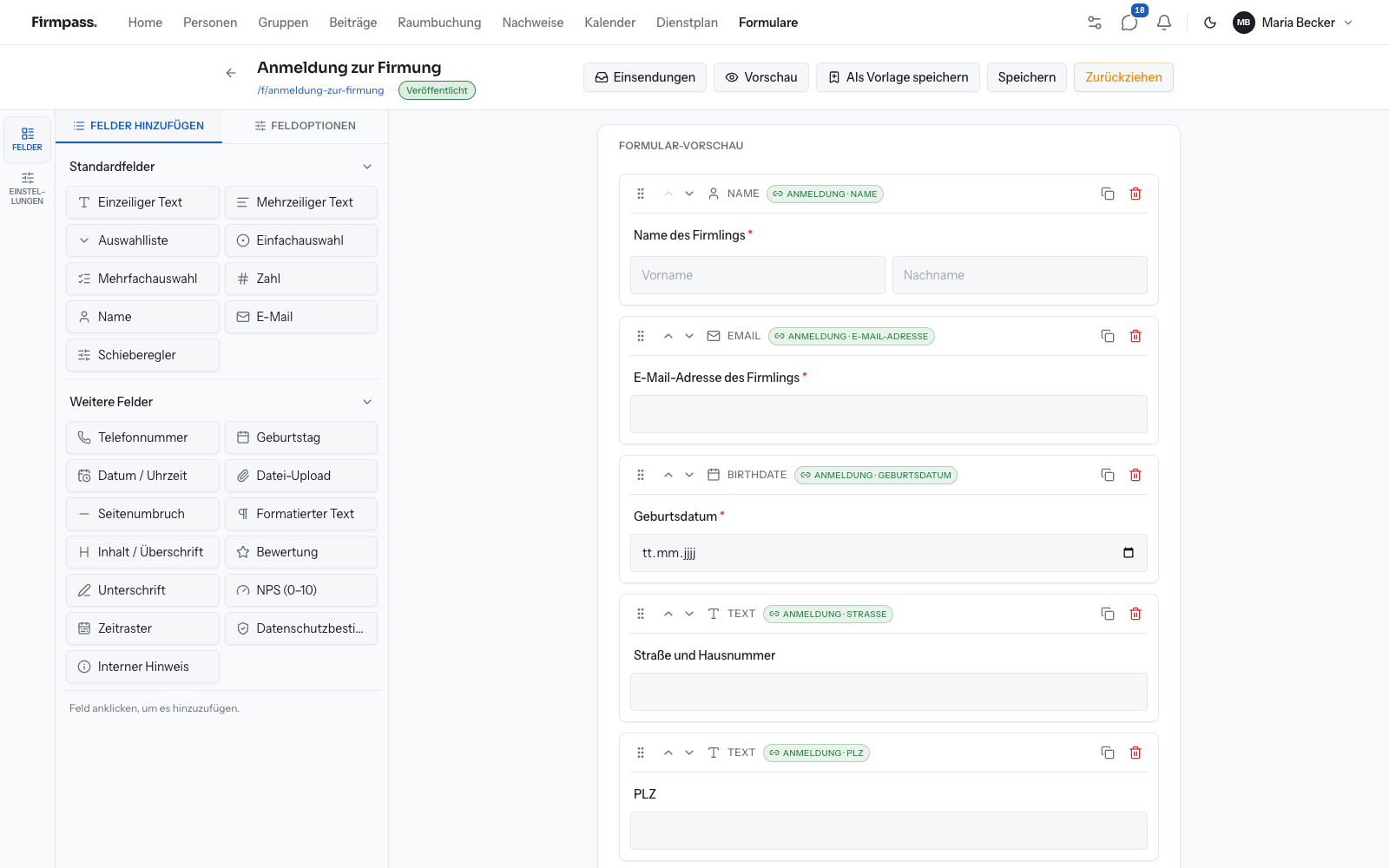 Firmpass-Formularbaukasten mit dem Anmeldeformular zur Firmung: Felder mit grünen Zuordnungsmarken für Name, E-Mail, Geburtsdatum und Adresse des Firmlings