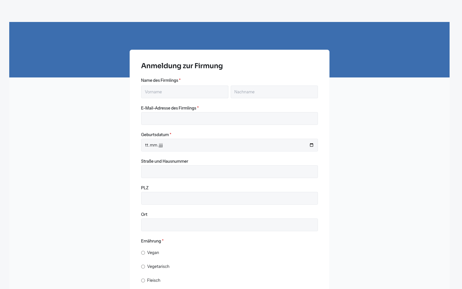 Öffentliche Anmeldeseite zur Firmung, wie Familien sie sehen: Name, E-Mail und Geburtsdatum des Firmlings, Adresse und Ernährung